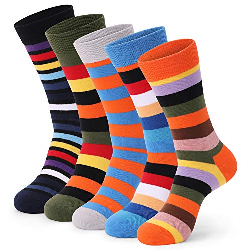 Mens, Womens Dress Socks 5 Pack Colorful Socks for Men, Women Cotton Fashion Crew Socks (Striped Pattern -5, L)