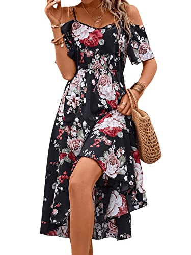 Floerns Women's Floral Print Cold Shoulder Short Sleeve Wrap Hem A Line Midi Dress Black L