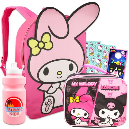 My Melody Backpack and Lunch Box Set for Girls - Bundle with 16” My Melody Backpack, Lunch Bag, Water Bottle, Stickers, More | Hello Kitty and Friends Backpack Set