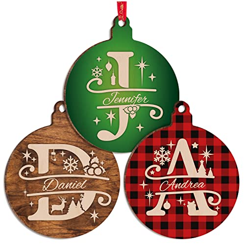Christmas Initial Ornaments w/Name - 9 Pattern - Personalized Xmas Round Ornament Decor for Christmas Tree - Customized Noel Wood Gifts - Custom Wooden Circle Décorations C1