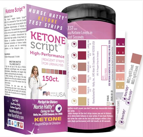 Nurse Hatty - 150 Ketone Test Strips w Built-in Color Chart – Free Keto Guide eBook & Free App - Made-in-The-USA - Urine Test for Ketogenic, Ketosis, Low Carb, Atkins & Paleo Diets - Extra Long Strips