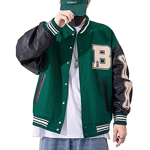 Moshtashio Mens Varsity College Jacket Baseball Bomber Jacket Vintage Sweatshirt Casual Unisex Streetwear Coats with Patch (Green, Medium)