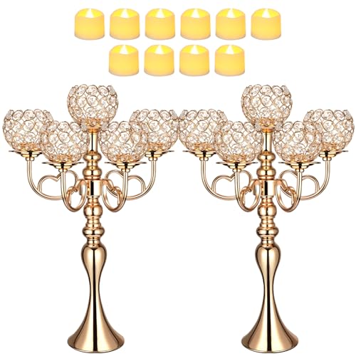 Domensi 2 Pcs 5 Arm Gold Crystal Candle Holders 21.5'' Tall with 12 Pcs LED Tea Light Candles Candelabra Centerpieces Decorative Table Candelabra Stand for Wedding Dinner Party Formal Event Home Decor