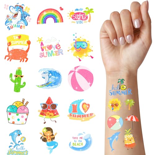 120 PCS Glitter Summer Tattoos Temporary For Kids Hawaiian Luau Themed Tattoos Tropical Beach Waterproof Tattoos Stickers Pool Party Favors Decoration Supplies For Adults