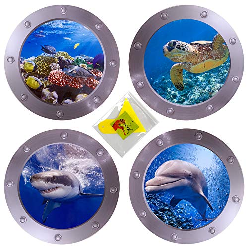 4 PCS Ocean World Wall Window Stickers, 11 Inches Porthole 3D Sea Turtle, Shark, Dolphin Window Sticker Sea Life Wall Window Decor