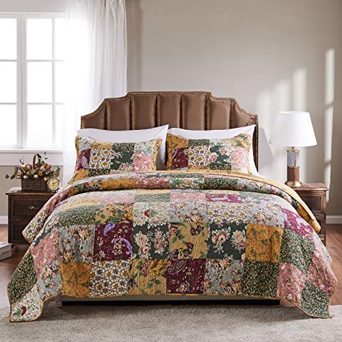 Greenland Home Antique Chic Authentic Patchwork Cotton Quilt Set, Natural, 3-Piece Full/Queen