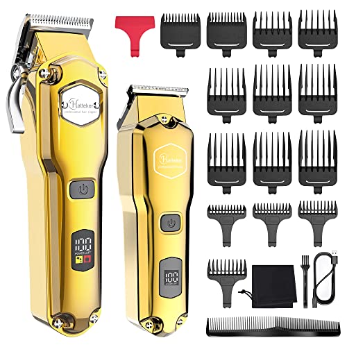 Hatteker Hair Clipper & Trimmer Set for Men IPX7 Waterproof Cordless Barber Clipper for Hair Cutting Kit with T-Blade Trimmer Beard Trimmer Kids Clipper Professional USB Rechargeable (Gold)