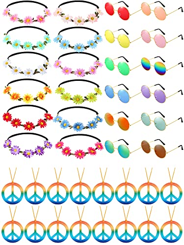 MTLEE 36 Pieces Hippie Costume Accessory Set for 60s 70s with Peace Sign Necklaces, Daisy Sunflower Headbands and Retro Round Sunglasses for Hippie Party Supplies