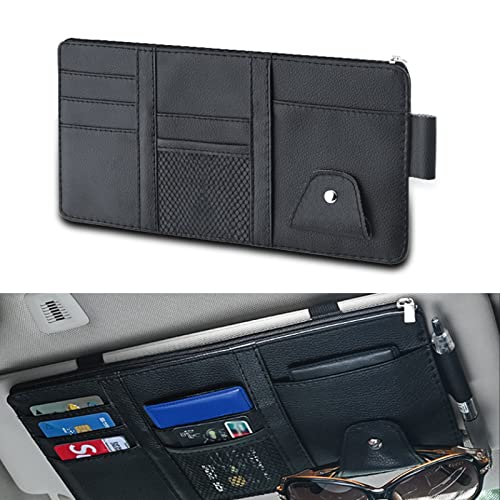 Jawmoy Pack-1 Car Sun Visor Organizer, Leather License ID Storage Pocket Clip, 11.4' X 5.9' Sunglasses Holders Pouch with Zippers, Fits Most Cars SUVs (Black)