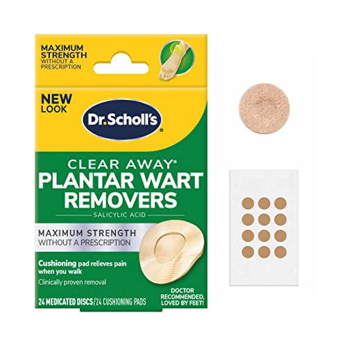 Dr Scholl's Clear Away Plantar WART Remover // 24 Discs/24 Cushions, Clinically Proven, Maximum Strength Without a Prescription, Cushioning Pad Relieves Pain, 24 Treatments