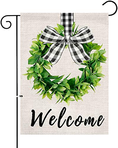 XIFAN Welcome Garden Flag Heavyweight Burlap Boxwood Wreath Flag Double Sided Buffalo Plaid Bow Small 12.5 x 18 Inch Spring Yard Farmhouse Outdoor Decoration