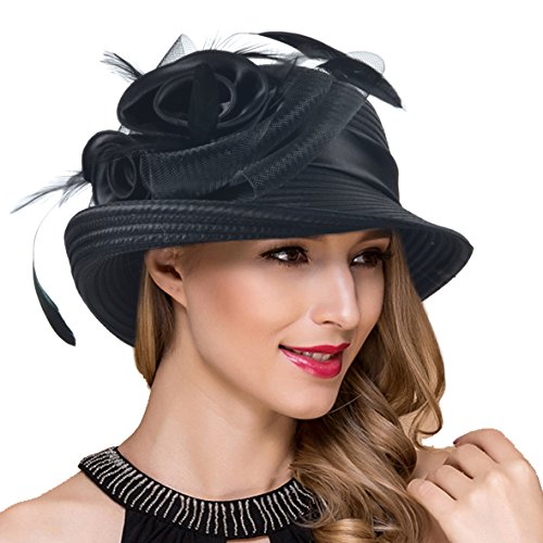 Women Derby Church Dress Cloche Hat Fascinator Floral Tea Party Wedding Bucket Hat S052 (S608-Black)