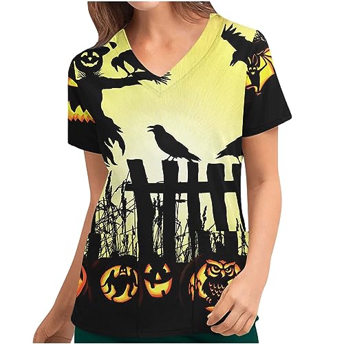 Adult Halloween Costume Women My Orders Halloween Scrub Tops for Women 2023 Stretch Nursing V Neck Working Uniform Slim Fit Tunic Funny Graphic Tees with Pockets Yellow L
