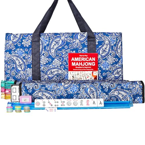 GUSTARIA American Mahjong Game Set, 166 Premium White Tiles, 4 All-in-One Color Rack/Pushers, Complete Mahongg Tile Set Blue Printed Carrying Bag