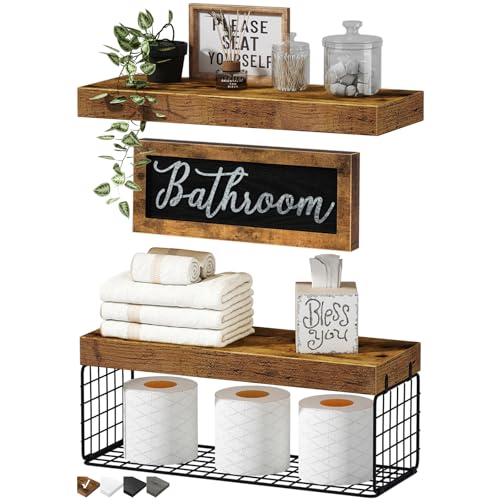 QEEIG Bathroom Decor Shelves Over Toilet - Farmhouse Decorations Aesthetic Décor Sign Small Floating Wall Shelf Paper Storage 2+1 Set 16 inch, Rustic Brown (020BN)