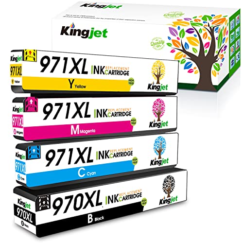 Kingjet 970XL 971XL Ink Cartridges Compatible for HP Printers Replacement for HP 970 971 970XL 971XL Work with Officejet Pro X576dw X451dn X451dw X476dw X476dn X551dw Printers, 4 Pack (B/C/M/Y)