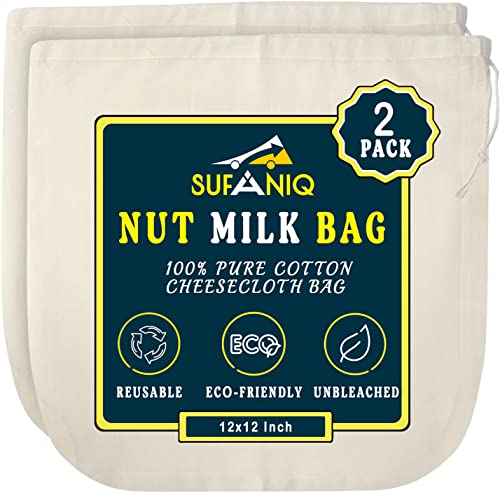 Sufaniq Nut Milk Bag - 2 Pack (12 x 12 Inches) 100% Unbleached Cotton Cheesecloth Bag, Premium Quality Reuseable Nut Bag Strainer for Almond, Soy, Oat Milk, Tea, Juices, Cold Brew Coffee