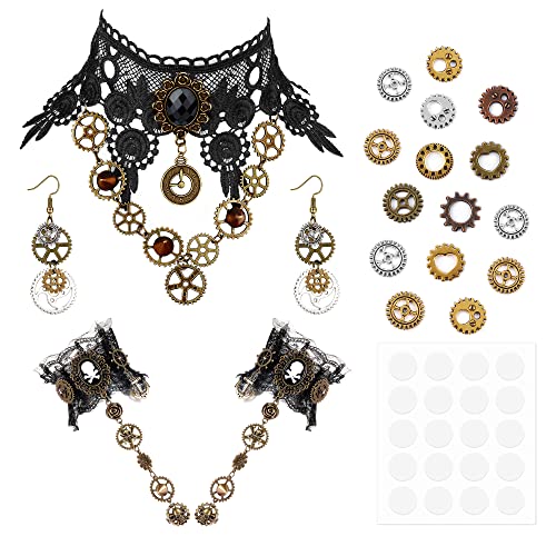 YADOCA Steampunk Accessories Sets for Women Gear Collar Choker Necklace Gothic Steampunk Black Lace Bracelets Gloves Steam Punk Earrings Gear Eye Decals with Adhesive Glue Points Cosplay Halloween