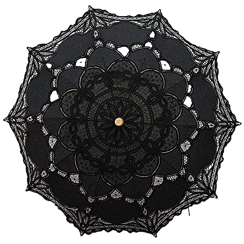 SQOIKOS Lace Parasol Umbrella Vintage Wedding Bridal Lace Umbrella for Decoration Photo Tea Party Adult Size (Black)