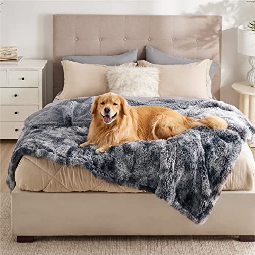 Bedsure Waterproof Dog Blankets for Large Dogs - Calming Cat Blanket for Bed Couch Protector Washable, Long Faux Fur Pet Throw Blanket for Puppy, Reversible Furniture Protection, 60'x80', Tie-dye Grey