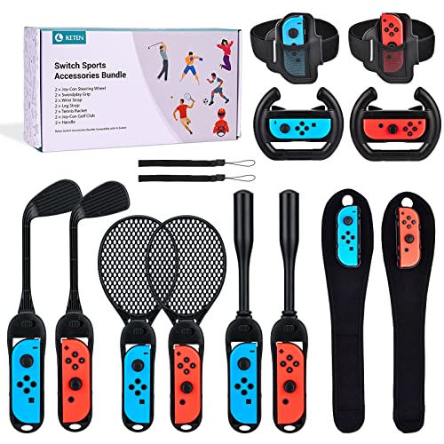 Keten NS Switch Sports Accessories Bundle,14 in 1 Accessories Kit for Switch Sports Games, Steering Wheels, Tennis Rackets,Sword Grips, Golf Clubs, Wrist Dance Bands & Leg Strap Included