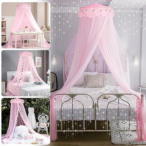 Jeteventy Bed Canopy for Girls, Bed Curtain for Single to King Size Canopy Curtains for Baby Kids Adult Round Lace Dome Quick Easy Installation for Bedroom Decoration, Camping (Pink)