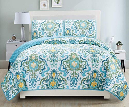 Aregokam 3-Piece Fine Printed Oversize Queen Quilt Set Reversible Bedspread Coverlet Bed Cover (Turquoise, Blue, White, Green, Yellow)