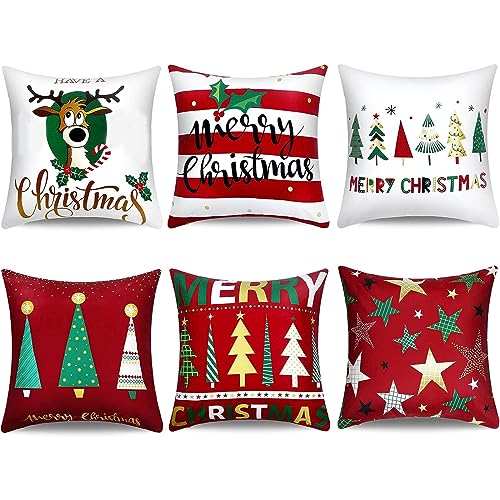 Boao 6 Pieces Christmas Pillow Cover Merry Christmas Throw Cushion Covers Tree Reindeer Star Pillow Case for Party Home Decoration (18 x 18 Inch)