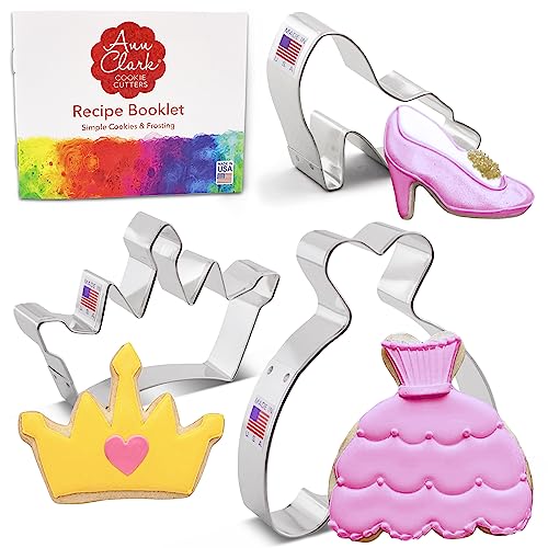 Princess Cookie Cutters 3-Pc Set Made in USA by Ann Clark, Crown, Glass Slipper, Dress
