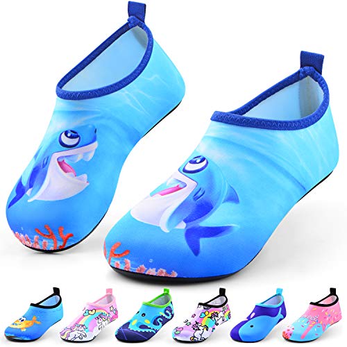 Sunnywoo Water Shoes for Kids Girls Boys,Toddler Kids Swim Water Shoes Quick Dry Non-Slip Water Skin Barefoot Sports Shoes Aqua Socks for Beach Outdoor Sports,12.5-13.5 Little Kid,Blue Shark