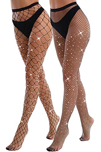 VEBZIN 2 Pack Sparkly Large And Medium Mesh Black Fishnet Tights Glitter Rhinestone Fishnets Leggings Stockings for Women