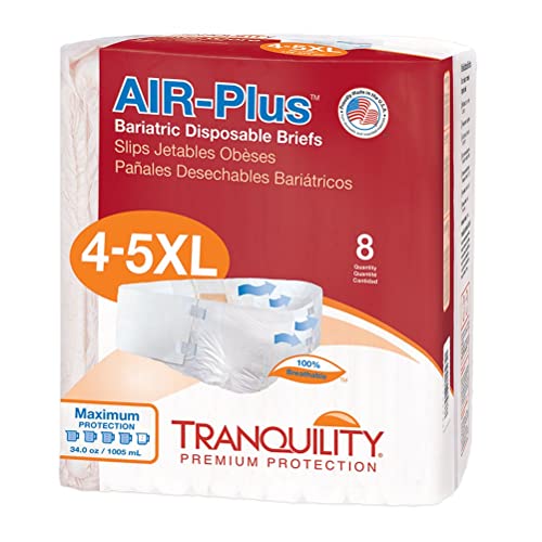 Tranquility Bariatric Disposable Briefs 4X-Large with AIR-Plus Fully Breathable Fabric for Skin Dryness & Integrity, Latex-Free, 34oz Capacity, 8ct Bag