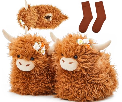 ShinyMatch Highland Cow Slippers for Women Men Plush Animal Slippers with Cotton Socks Soft Ant Slip Scottish Cow Slippers (7-8 Women/5.5-6.5 Men)