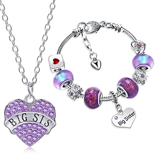 Big Sister Gifts Charm Bracelet Big Sis Shiny Crystal Charm Bracelet Bangle Jewelry and Heart Big Sister Necklace for Women Girls Sister Necklace Charm with Unicorn Box Greeting Card (Purple Series)