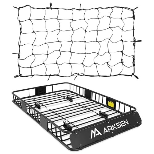 ARKSEN 64 x 39 Inch Universal 150LB Heavy Duty Roof Rack Cargo with Cargo Net, Car Top Luggage Holder Carrier Basket for SUV, Truck or RV Camping Storage Steel Construction