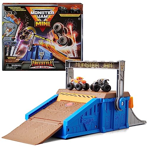 Monster Jam Mini Freestyle Flip Arena Playset and Storage with 2 Mini Monster Jam Trucks, Kids Toys for Boys and Girls Ages 3 and Up