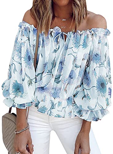 BLENCOT Women's 3/4 Ruffle Sleeve Off Shoulder Chiffon Blouse Summer Floral Print Casual T Shirts Sky Blue XL