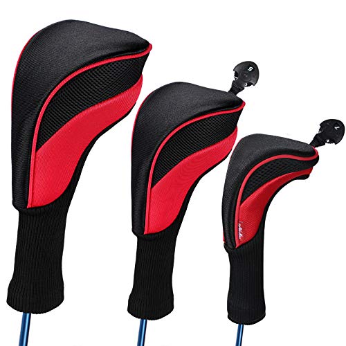 LONGCHAO Red/Black Golf Head Covers Driver 1 3 4 5 7 X Fairway Woods Headcovers Long Neck Neoprene Protective Covers with Interchangeable No. Tags Fits All Fairway and Driver Clubs(3pcs)