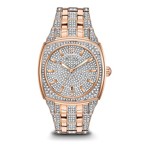 Bulova Men's Crystals Phantom Rose Gold Tone Stainless Steel 3-Hand Quartz Watch, Cushion Shape Dial with Curved Mineral Crystal Style: 98B324