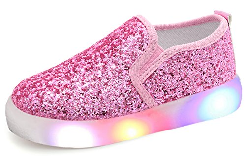Minibella Girl's Light Up Sequins Slip On Loafers Flashing LED Casual Shoes Flat Sneakers (Toddler/Little Kid) Pink