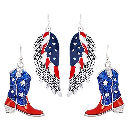 Estivaux 2 Pair 4th of July Patriotic Earrings American Stars Wings Boots Beaded Drop Earrings Red Blue Dangle Pendant Earrings Memorial Day Fashion Jewelry Gift Earring for Women Girl July 4th Decor