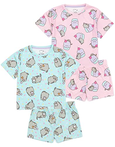 Pusheen Girls 2 Pack Pyjama Set | Kids Blue & Pink Short Sleeve T-Shirt & Shorts Nightwear PJs | Cute Cartoon Cat Pajama