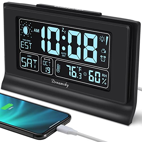 DreamSky Auto Set Alarm Clock with Indoor Temperature Humidity, Moon Phase, Bedroom Digital Clock with Date and Day of Week, Battery Backup, Dimmer, Auto DST, USB Port