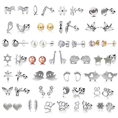 30 Pairs Multiple Minimalism Dainty Silver Earrings for Teen Girls-Cute Animal Earrings for Little Girls- Heart Shape Stud Earrings Set for Teens Women nickel free earrings for girls