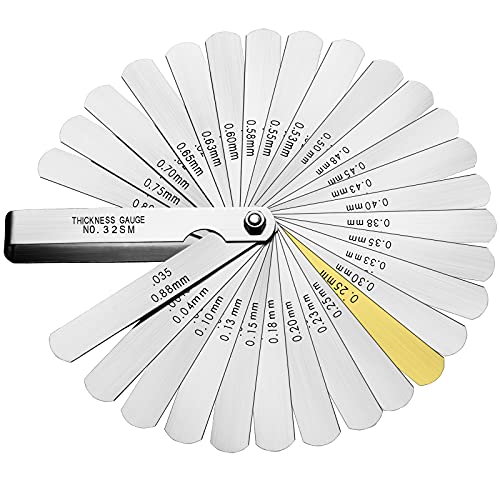 Spurtar 32 Blades Feeler Gauges 0.0015-0.035'' (0.04-0.88 mm) Stainless Steel Feeler Gauge Set SAE/Metric Feeler Gauge for Measuring Gap Width and Thickness for Guitar, Spark Plug, Piston Measure