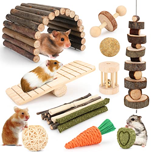 YIXUND Hamster Cage Accessories, 12 Different Chew Toys for Guinea Pig, Chinchillas, Gerbils, Mice, Rats, Mouse, Rabbit, Bunny Hideout Seesaw, Natural Molar Tools