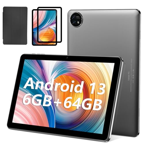 Tablet 10.1 inch Android 13 Tablets, 6 (2+4) GB RAM+64GB ROM, 6000mAh, 1280 x 800 HD Screen, 2MP + 8MP Dual Camera, FM, GPS, Wi-Fi, Bluetooth Comes with Leather Case and Protective Sheet (Black)