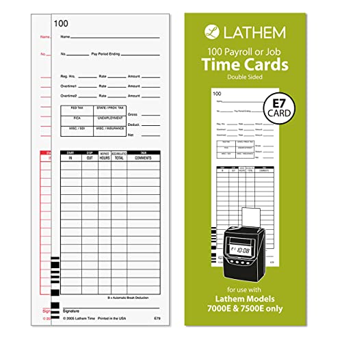 Lathem Universal Payroll/Job Time Cards, Double-Sided, For Lathem 7000E / 7500E Time Clocks, 100 Pack, E79-100, White