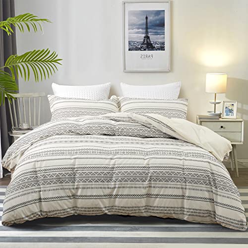 PHF 100% Cotton Jacquard Duvet Cover Set King Size, 3pcs Boho Textured Comforter Cover Set, Yarn-Dyed Farmhouse Duvet Cover with Pillow Shams Bedding Collection, 106'x 92', Black and Ivory