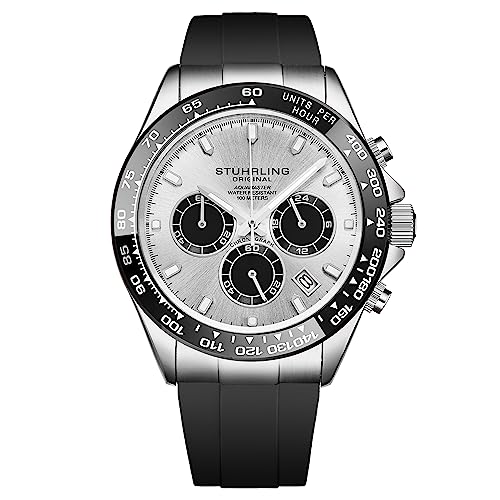 Stuhrling Aquamaster Quartz Chronograph Watch Silver Dial Screw Down Crown Luminous Hands, Ceramic Bezel, Black Rubber Band for Men 42mm Case Date Water Resistance (Silver)